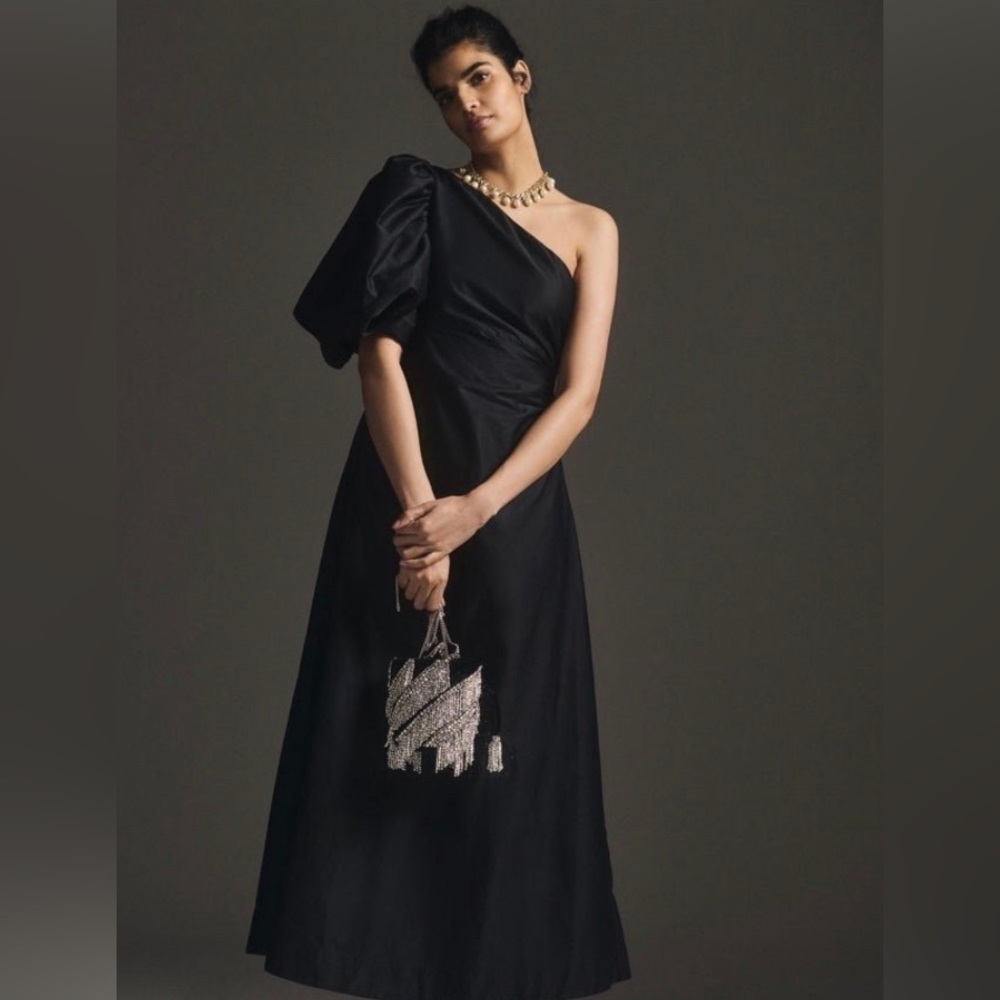 NWT SMALL Anthropologie Aureta one shoulder midi little black dress puff sleeve